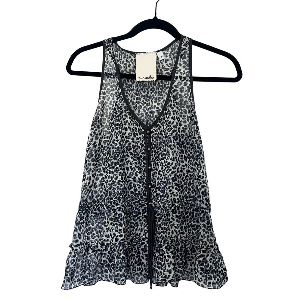 Parameter (S) Y2K Leopard Print Sleeveless Tank Top Ruffle Hem V-Neck